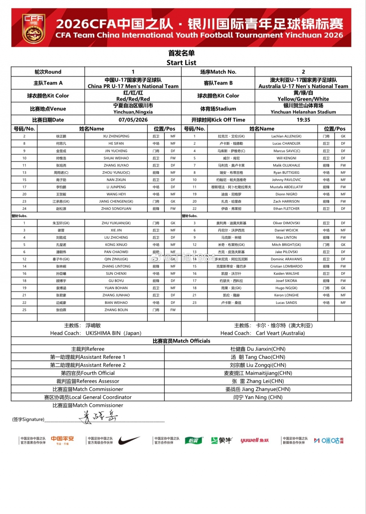 U17国足友谊赛对阵澳大利亚 帅惟浩赵松源首发