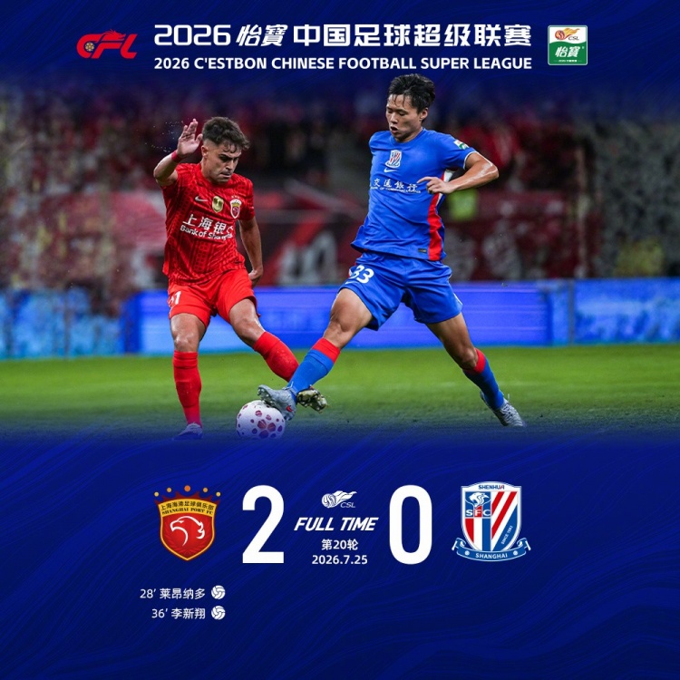 莱昂纳多李新翔破门 上海海港2-0赢德比