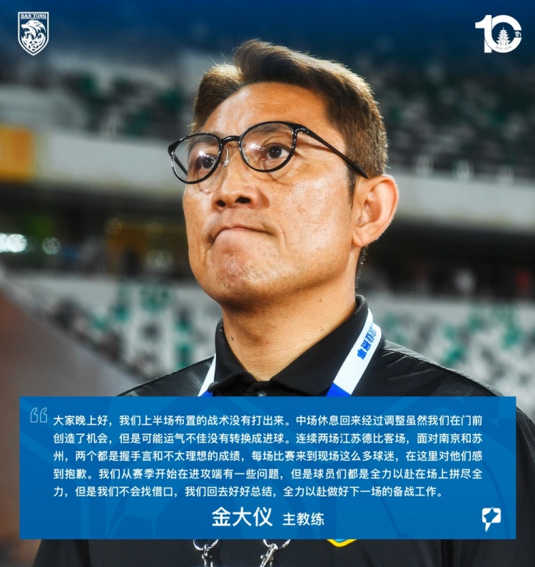 苏州东吴0-0南通支云 金大仪:连续两场德比战平不找借口 苏州东吴0-0南通支云 金大仪:连续两场德比战平不找借口
